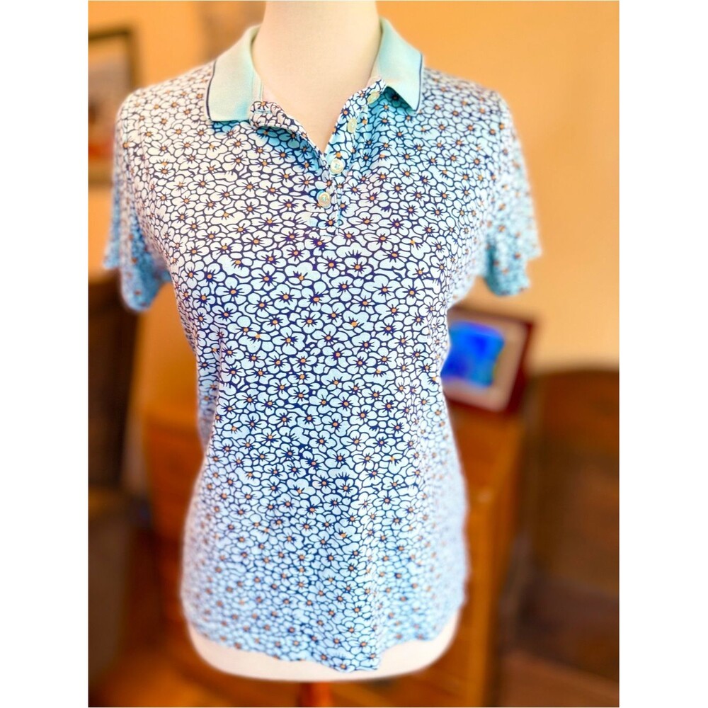 Lands' End Light Blue Floral Button-Down Polo SZ MED